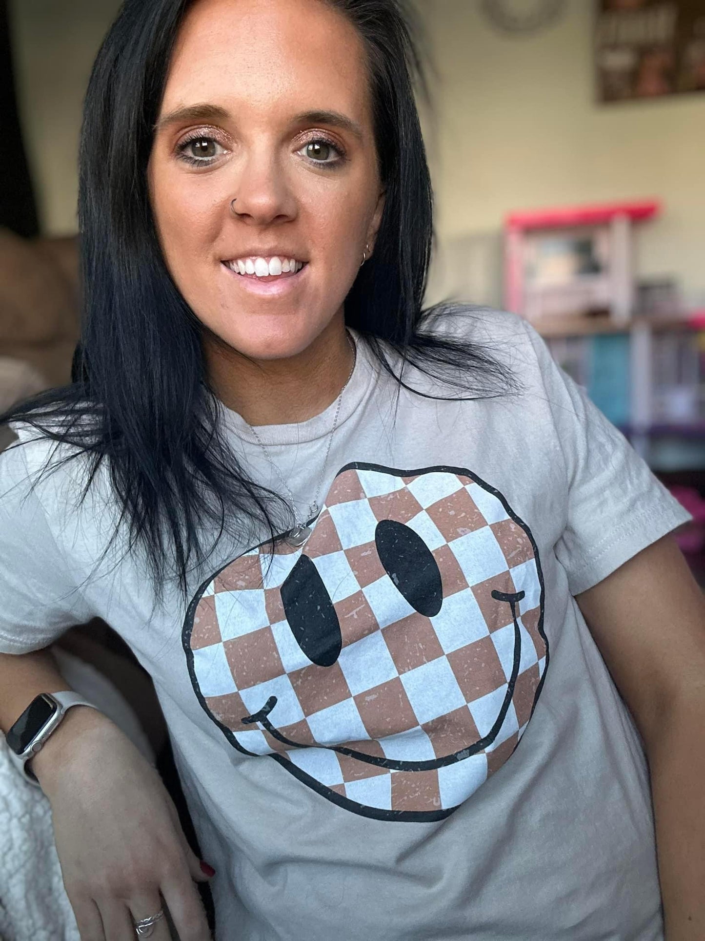 BROWN AND WHITE CHECKERED SMILE